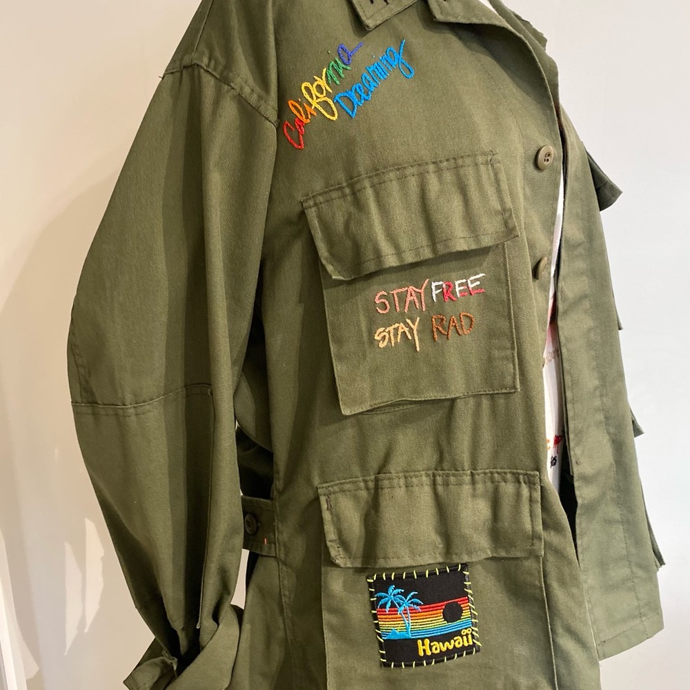 Vintage army jacket. Hand embroidered.. one of a kind.